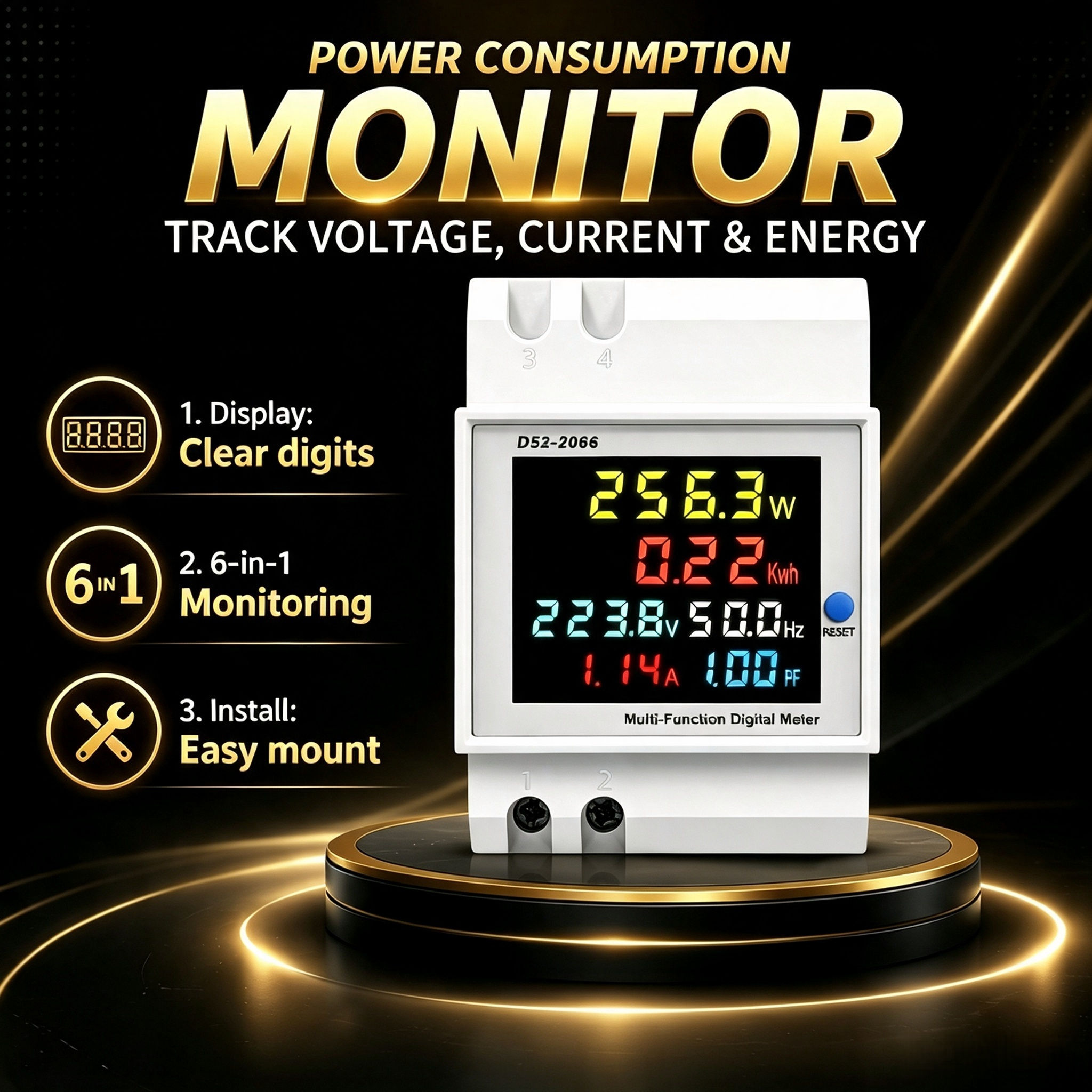 Dispositivo De Segurança Elétrica D52-2066 Para Tuya Medidor Inteligente Jiuji 6-Em-1 Trilho Din Monitor AC 110V-380V Co