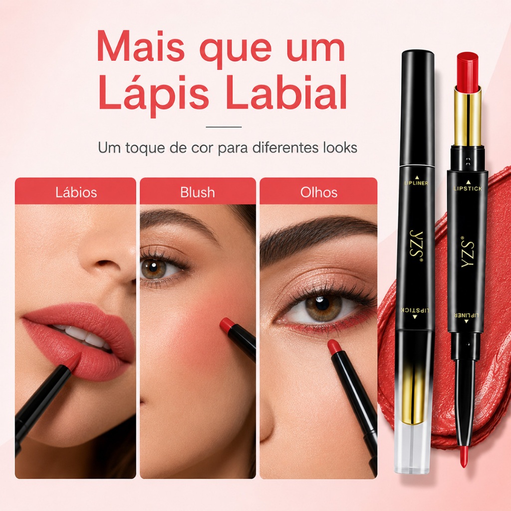 Lápis Labial e Delineador 2 em 1 Com Duas Pontas – À Prova D’água, Longa Duração, Para Lábios e Olhos