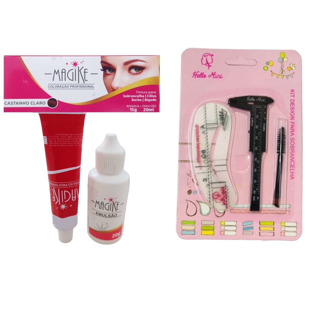 Tinta Tintura para sobrancelhas Magike designer profissional pincel duplo paquimetro 8cm 6 moldes