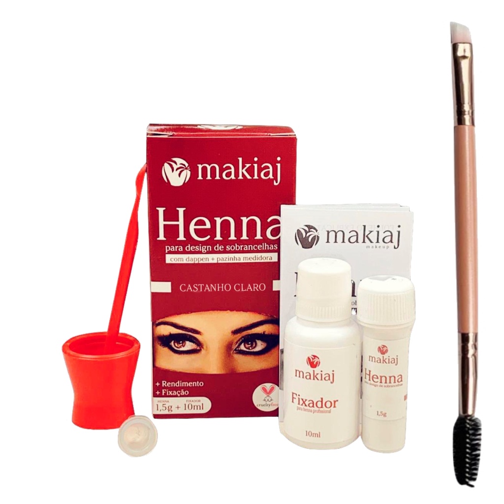 Kit Sobrancelha Henna Makiaj Original Todas Cores Com Pincel Aplicador Duplo Chanfrado e Escova
