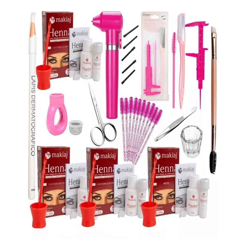 Kit 4 Henna Makiaj Sobrancelhas Profissional Designer Mixer Misturador Pincel Duplo Escovinha Dappen