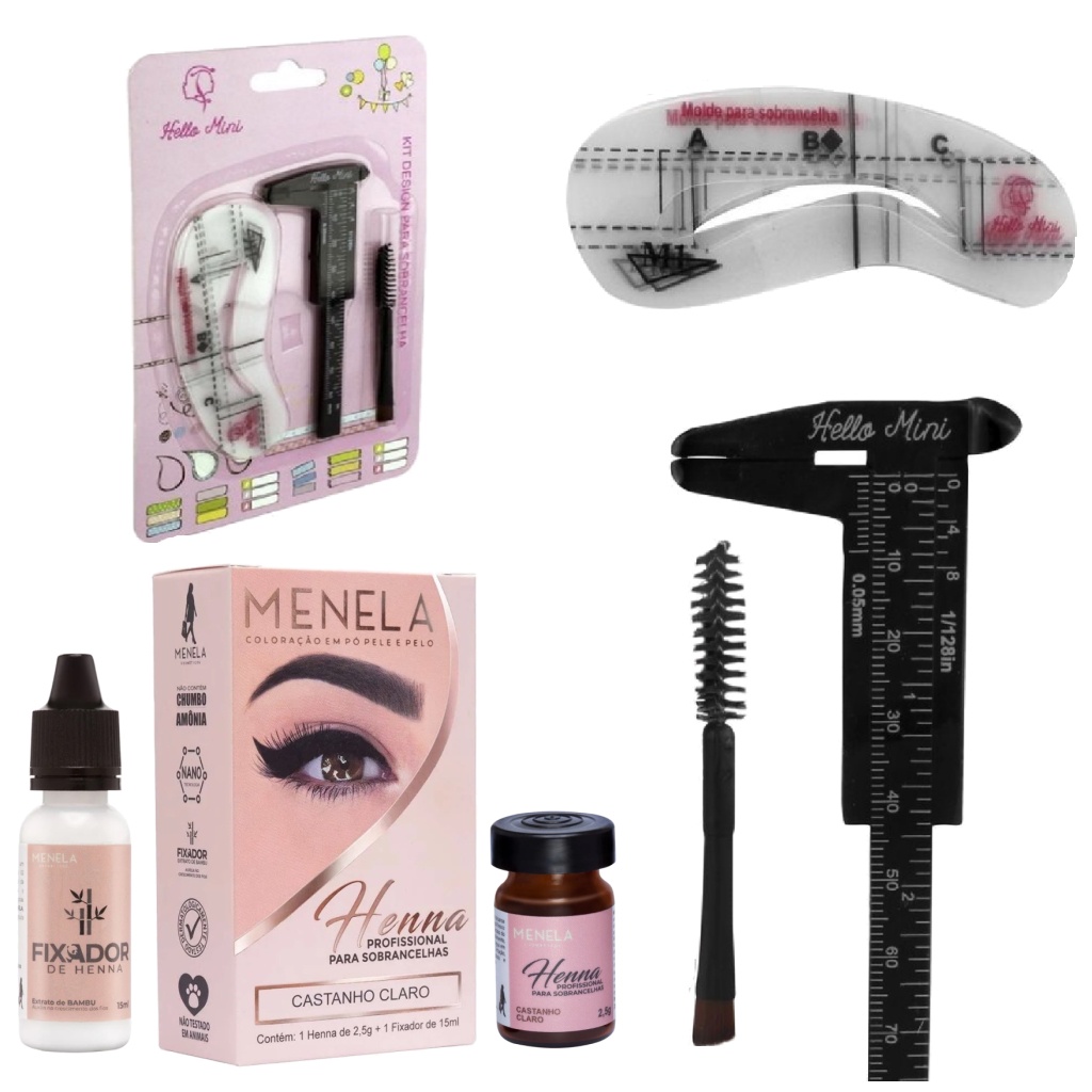 Kit Henna Menela Sobrancelha Escolha A Cor Pincel Duplo Chanfrado e Escova Paquimetro 6 Moldes