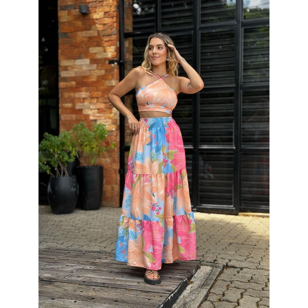 Conjunto Verão Saia de Elastek e Croped de Amarrar PRIMAVERA/VERÃO