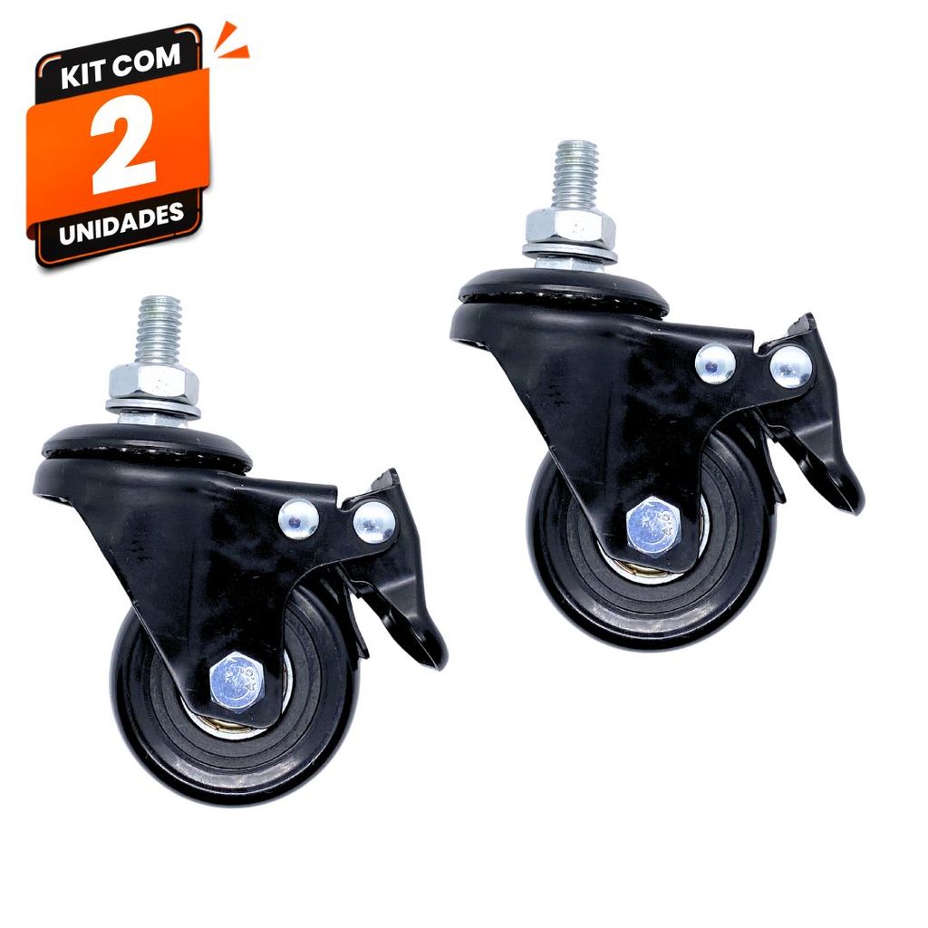 Kit 2 Rodas Rodízios Giratórios PVC Preto 2 Pol 50mm Com Rosca Espiga Freio Trava 100kg Total Carga Móveis Mala Ajax