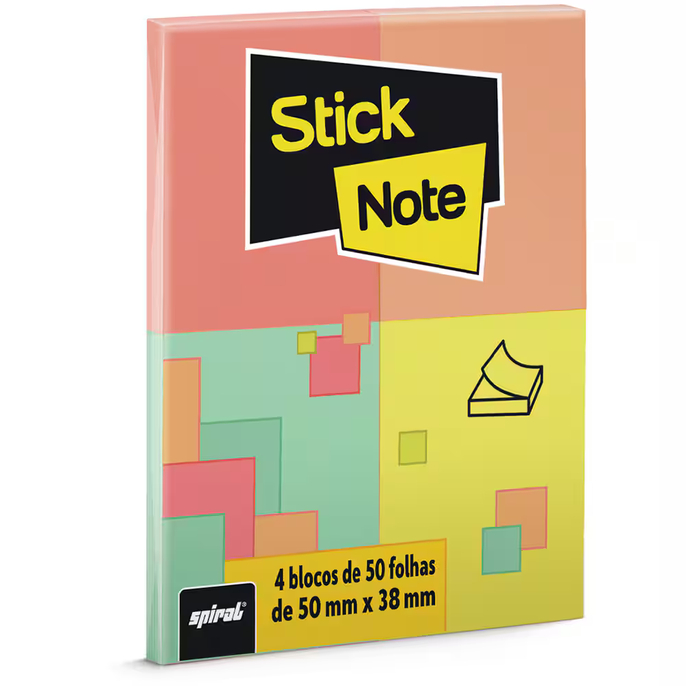 Bloco Adesivo 38mm X 50mm Sortido 4 Unidades de 50 Folhas Cada (Total 200 Folhas) Stick Note 1 Unidade
