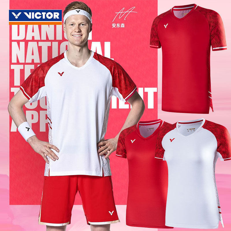 Oficial autêntico novo estilo victor vitória dinamarca uniforme da equipe nacional de manga curta treinamento de competi