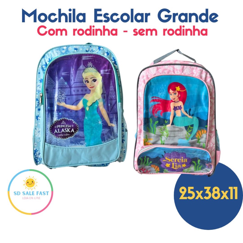 Mochila Escolar Grande da Moda Princesa Lia e Princesa Alaska Frozen Alças de Costas e Rodinha gel