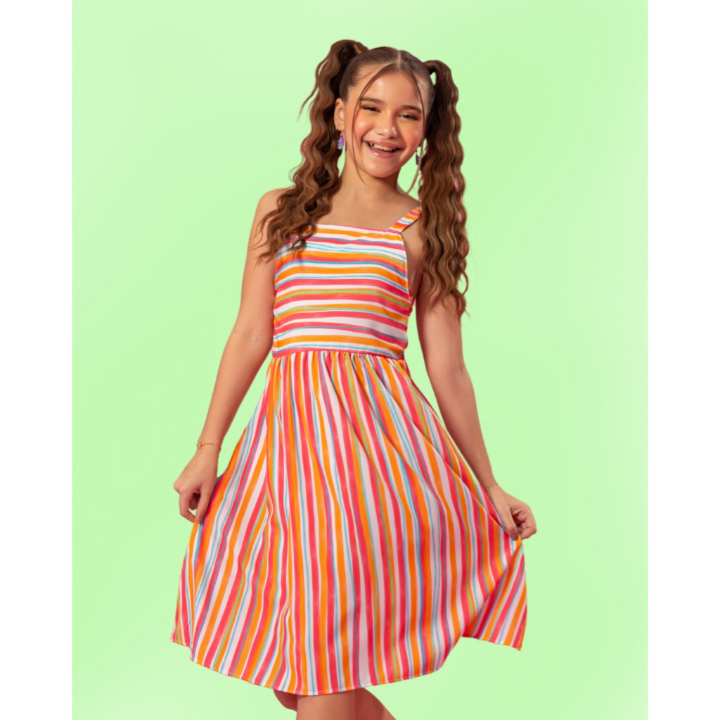 Vestido Lia Listras Estampado Infantil Juvenil, Roupa Menina tam., 4, 6, 8, 10, 12, 14