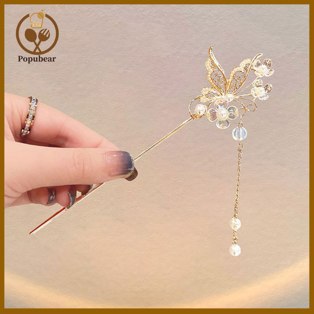 Fringe Hairpin Elegant Chinese Style Faux Pearl Tassel Hair Stick Hollow Butterfly Design Ladies’ Back Head Chopstick