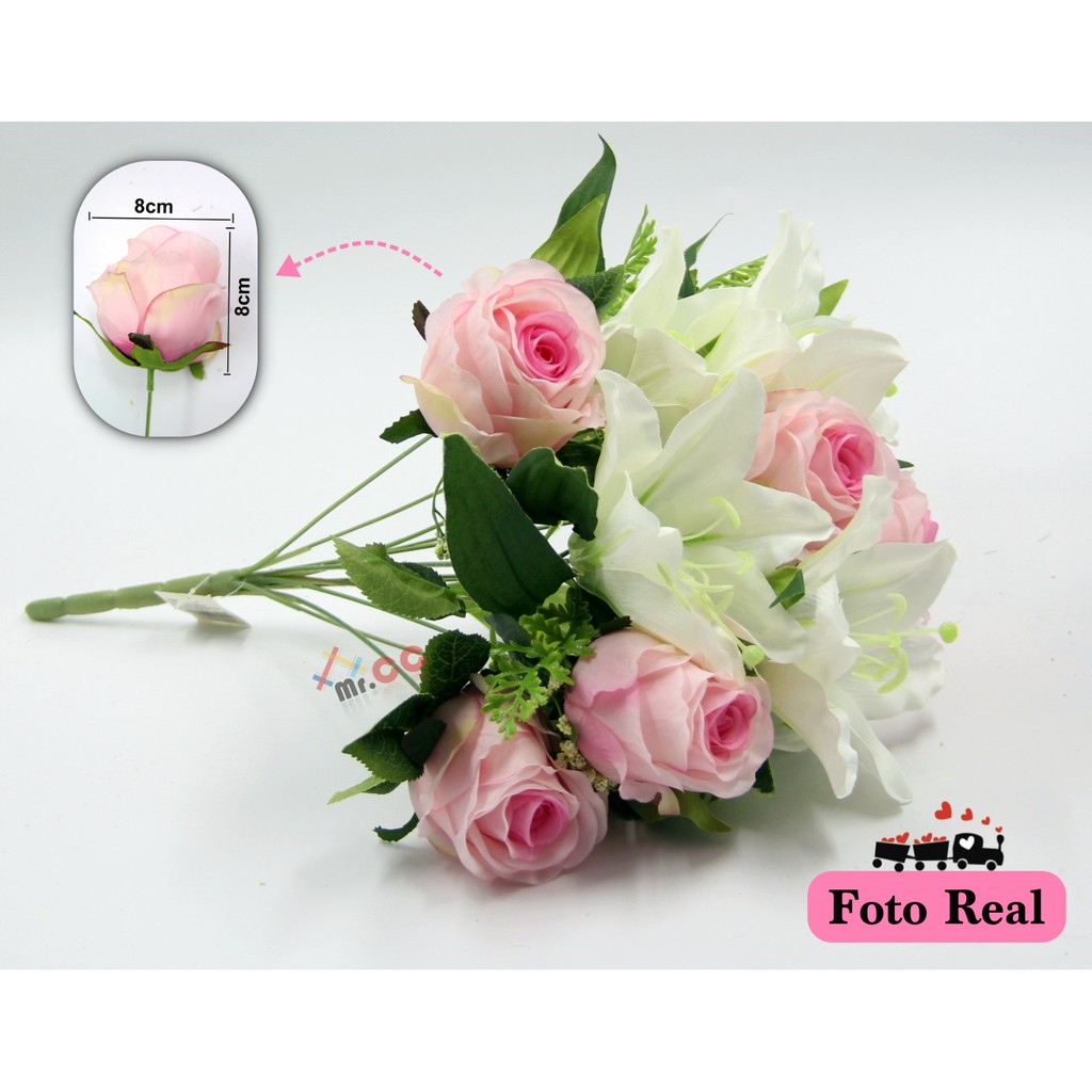 Buquê/galho Arranjo 12 Flores Grande Rosas com Lirio Artificial 50cm Decoração Enfeite Festa Casamento