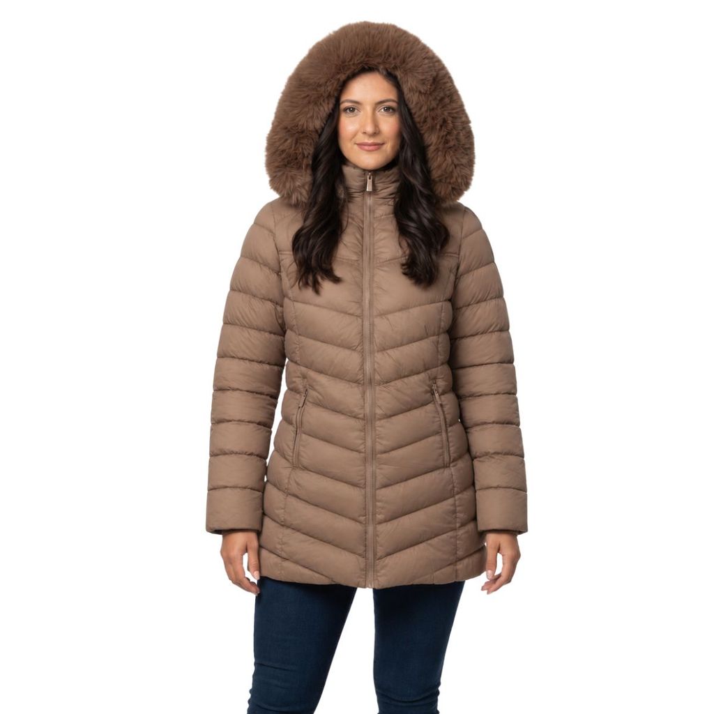 Jaqueta Puffer Feminina Alongada Com Capuz e Pelo Blue Rose