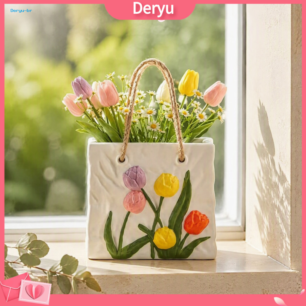 Ceramic Handbag Vase Fresh Style Flower Holder Shaped with Tulip Embossed Design Tote Bag Jute Rope Handle Perfect for H