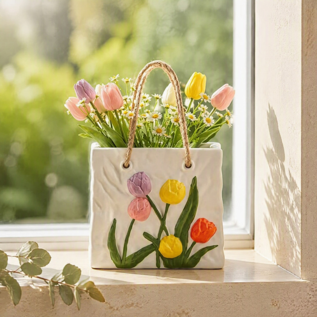 Handbag Shaped Ceramic Vase with Tulip Embossed Design Tote Bag Style Flower Jute Rope Handle Perfect for Home Office De