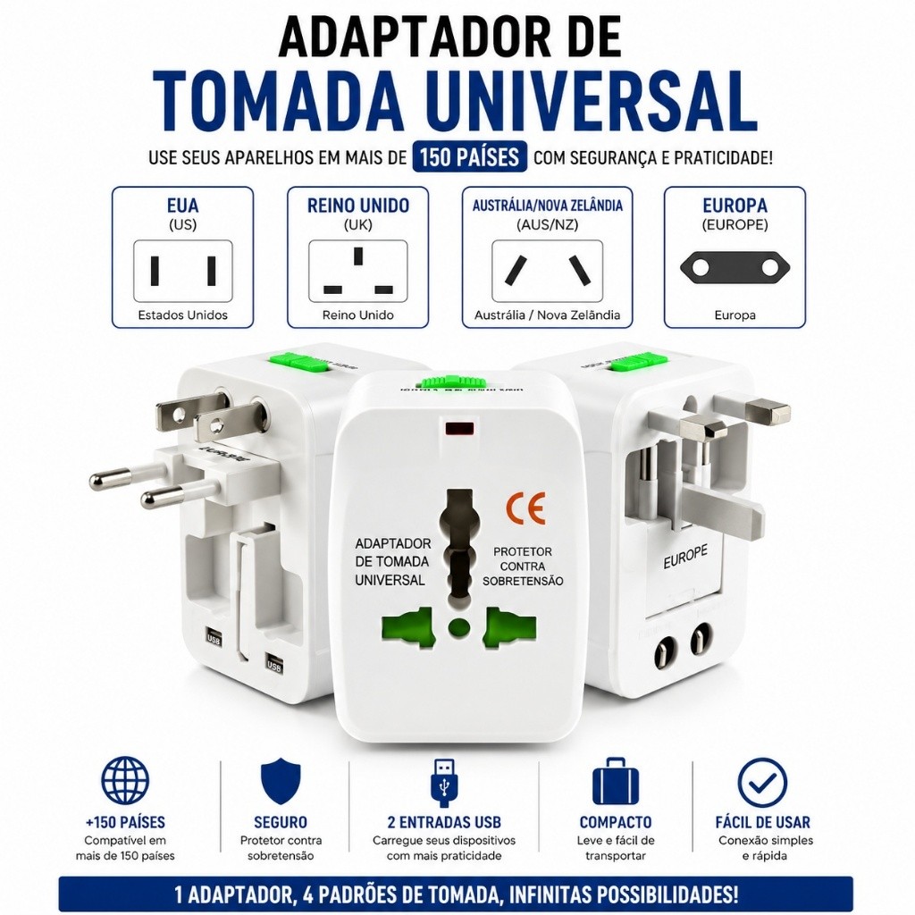 kit 2 Adaptador Tomada 1 a 4un Universal Padrão Internacional 150 Países Viagem Bivolt