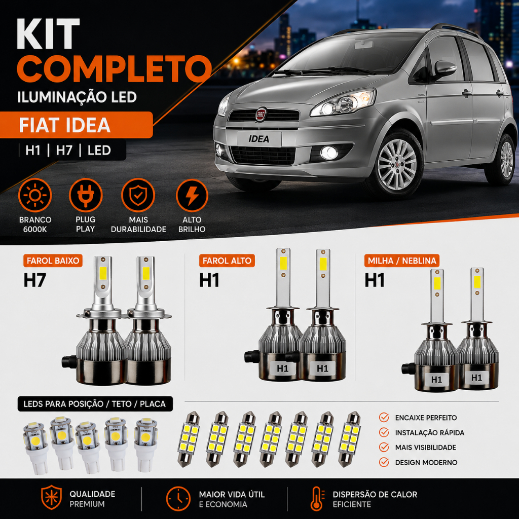 Kit Super LED Completo Fiat Idea 2005 a 2016 Farol Alto Baixo Milha e Interno H1 H7 T10