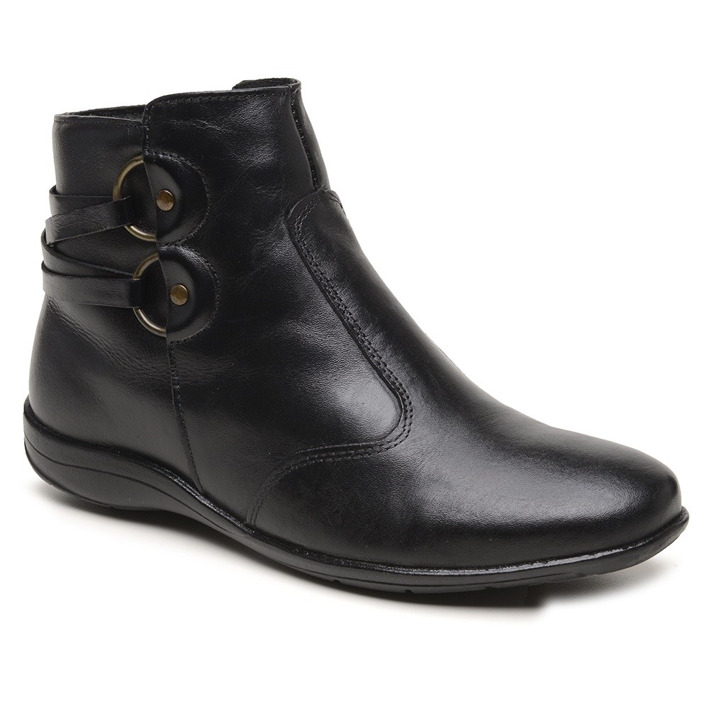 Bota Feminina Couro Conforto Ankle Boot Zíper Argolas