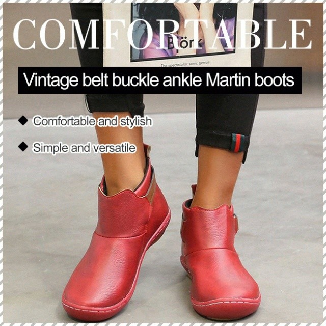 [Comfortable Wear] Stitched Belt Buckle Flat Heel Ankle Roman Boots Velcro/PU Leather Women’s Boots