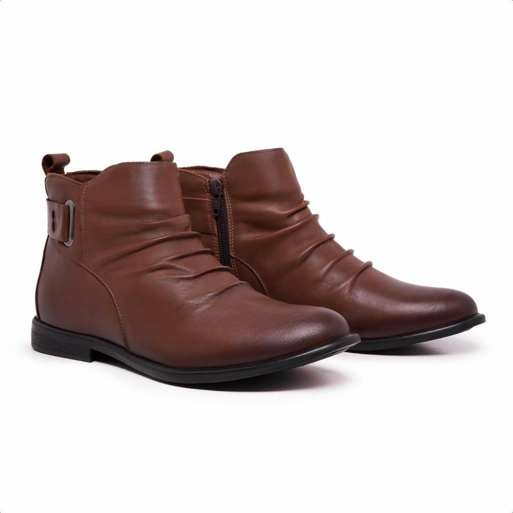 Bota Feminina Ankle Boot Conforto Couro Legítimo Macio Franzida Moda 2026