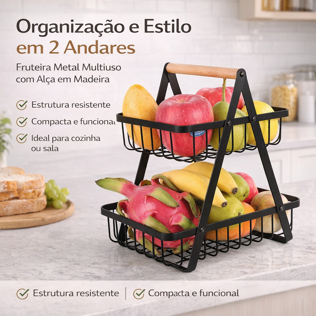 Fruteira Cesto Metal Multiuso 2 Andares Alça Madeira Portatil Organizador Cozinha Sala Banheiro