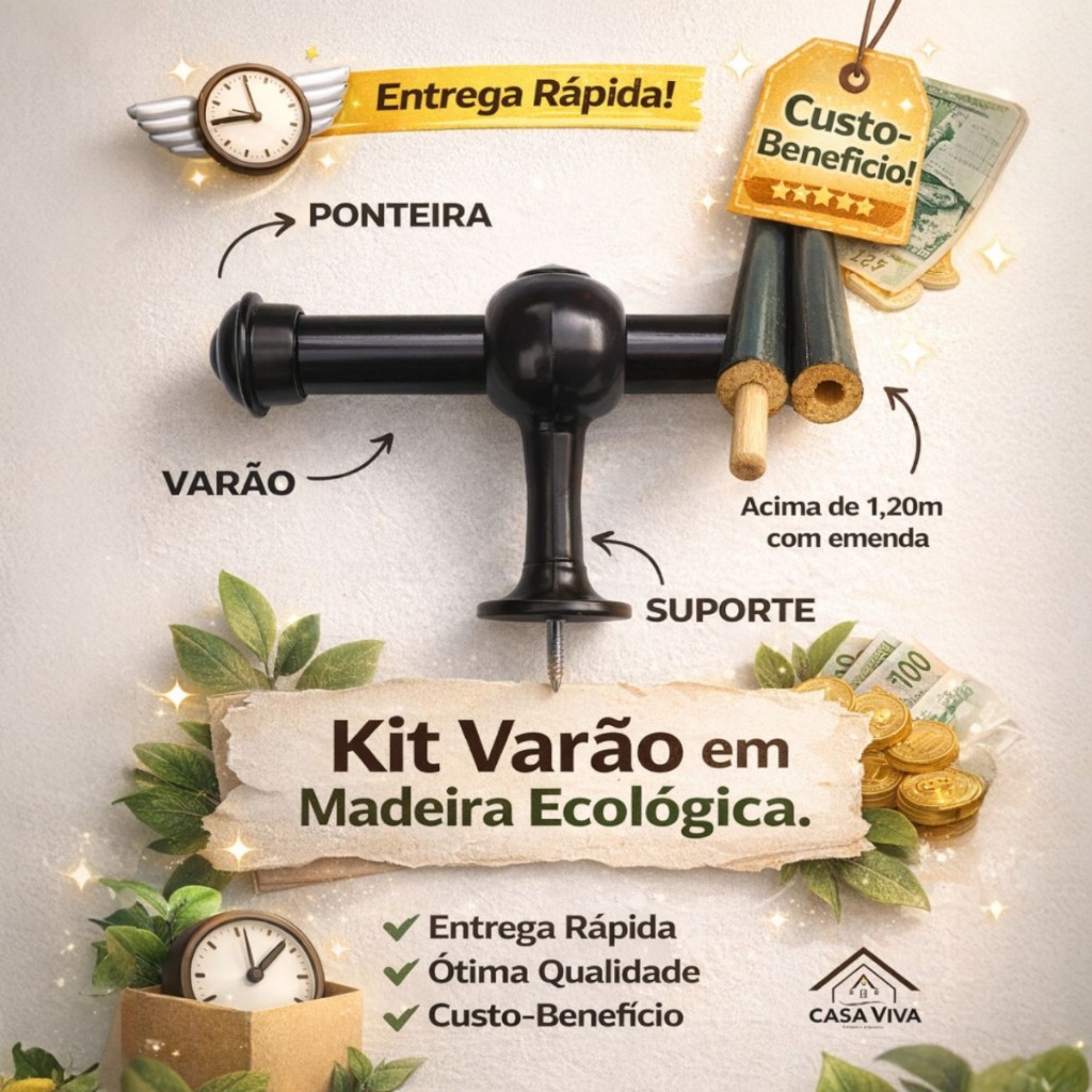 Varão de Cortina Madeira 1,50m 19mm Resistente Elegante Várias Cores Casa Quarto Sala