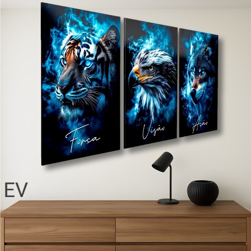 Quadro decorativo 3 peças, 3 animais selvagens, tigre, águia e lobo