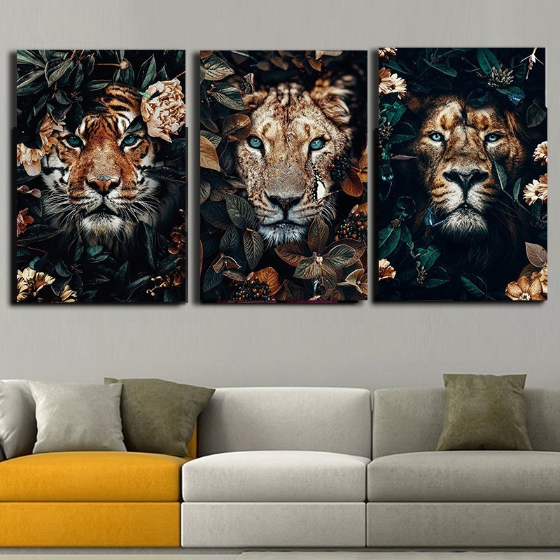 Quadros Decorativo 3 peças 60x40 Animais Selvagens Tigre Onça Leão Folhagens mdf full hd