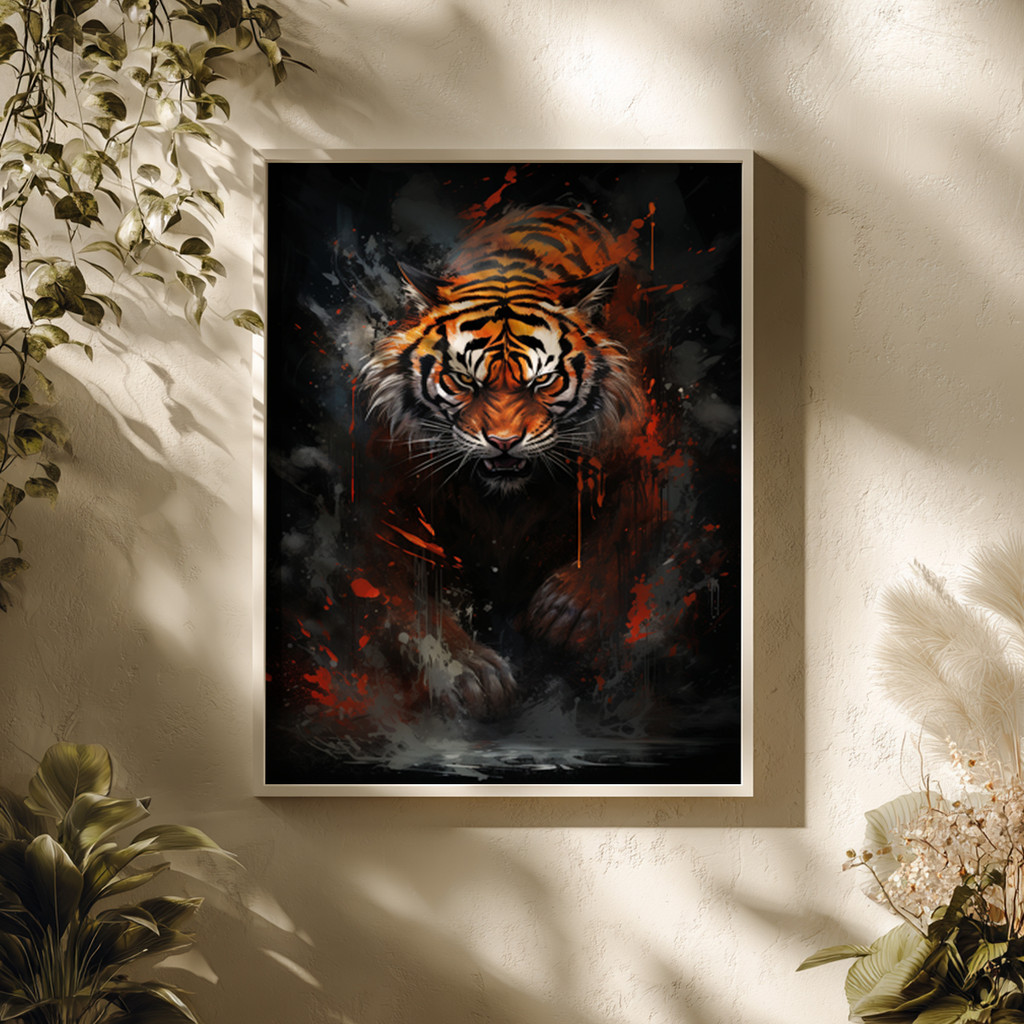 Quadro Tigre Selvagem Correndo Arte Escura Força Animal Decoração Moderno
