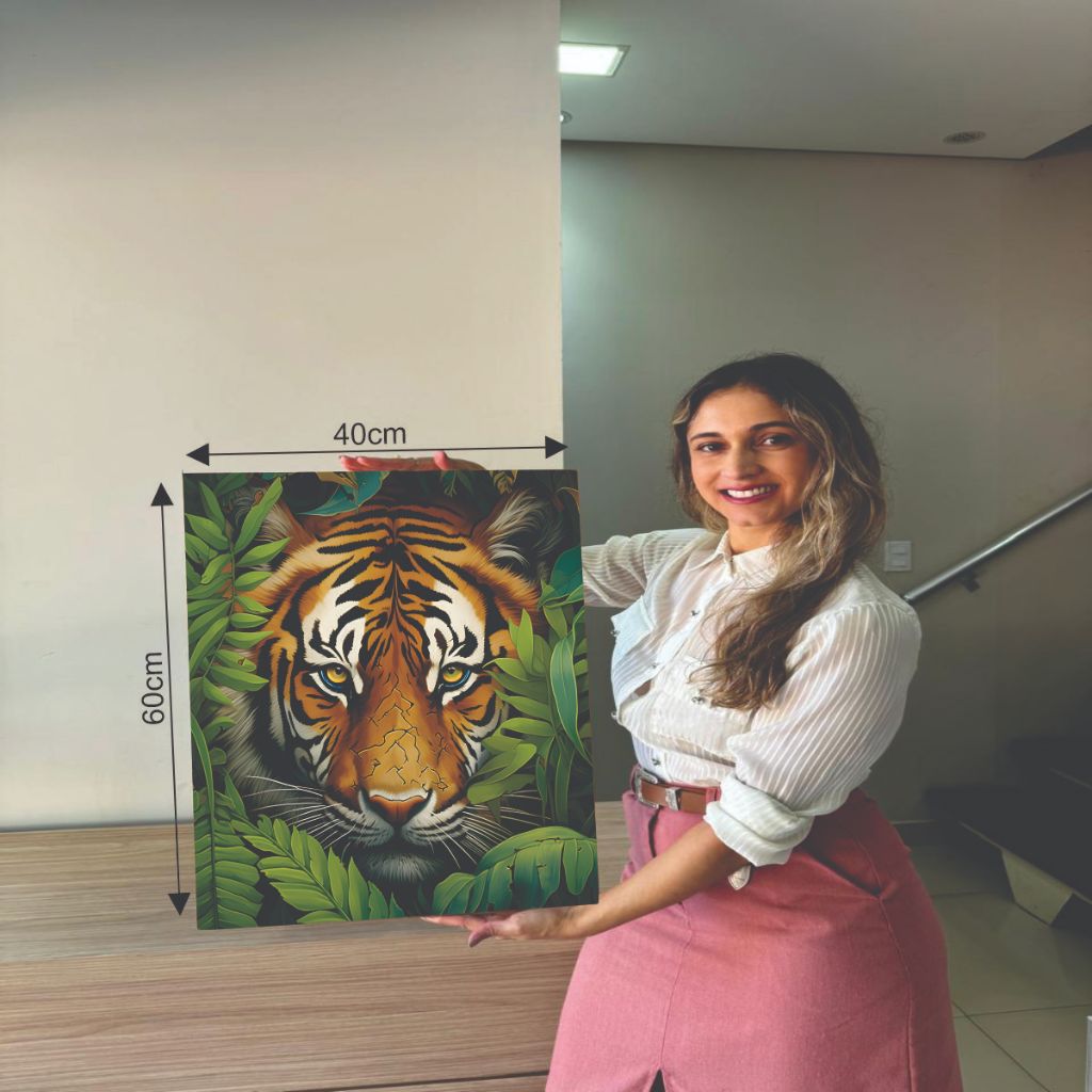 Quadro Decorativo 1 Peça Tigre Animal Selvagem Folhagens Verde