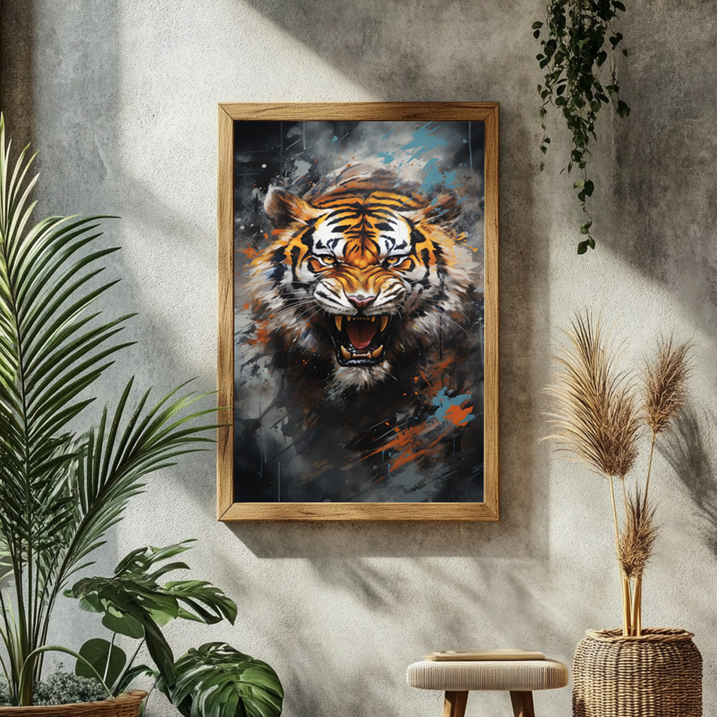 Quadro Decorativo Com Moldura Tigre Rugindo Estilo Street Art Animal Selvagem Para Escritório Decor