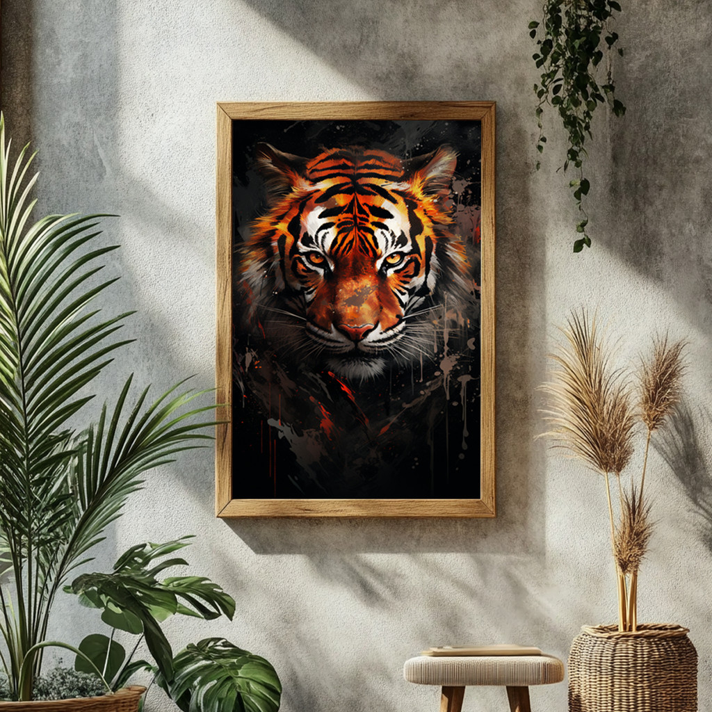 Quadro Decorativo Com Moldura Tigre Imponente Arte Animal Selvagem Estilo Moderno Para Escritório