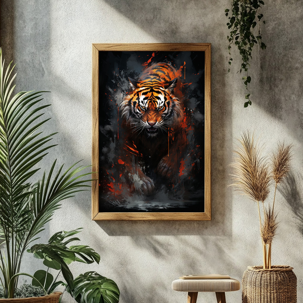 Quadro Decorativo Com Moldura Tigre Selvagem Estilo Realista Impactante Animal Imponente Escritório