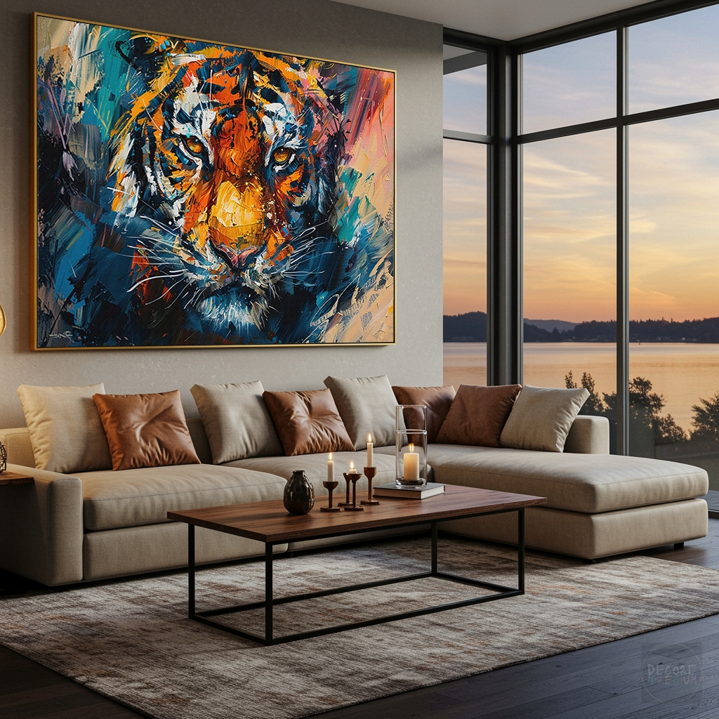 Quadro Decorativo Tigre Colorido Vibrante Animal Selvagem Força Perfil Felino Arte Moderna  Horizontal
