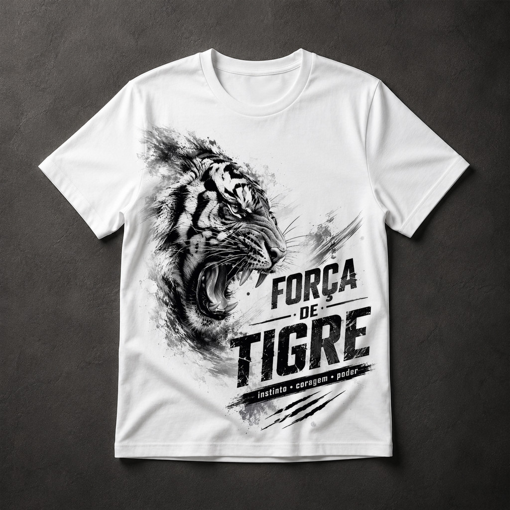 Camiseta Masculina Força de Tigre Rugindo Instinto Coragem Poder Animal Selvagem