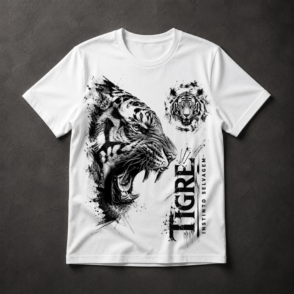Camiseta Masculina Tigre Instinto Selvagem Grunge Animal Rugindo Streetwear