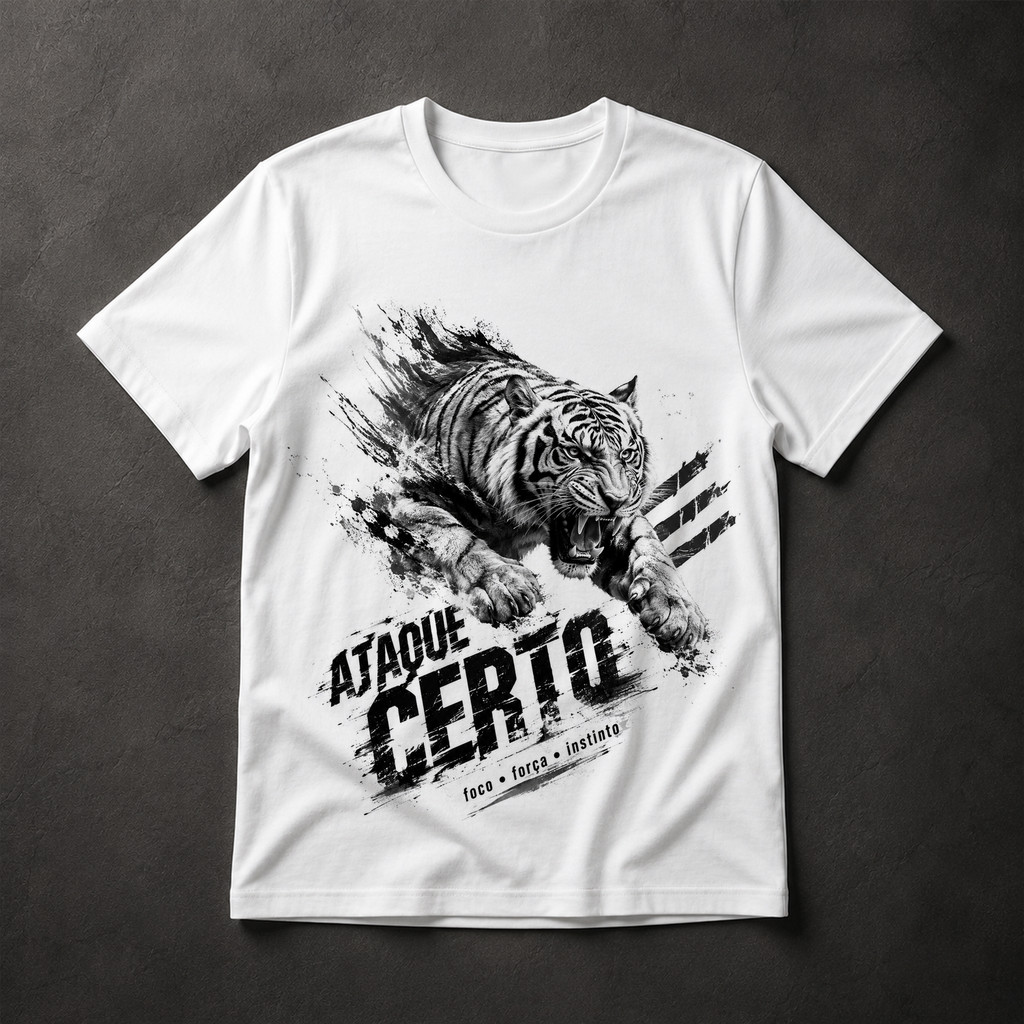 Camiseta Masculina Tigre Ataque Certo Foco Força Instinto Animal Selvagem Street