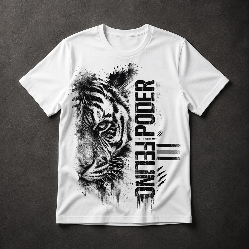 Camiseta Masculina Tigre Poder Felino Aquarela Preta Streetwear Animal Selvagem