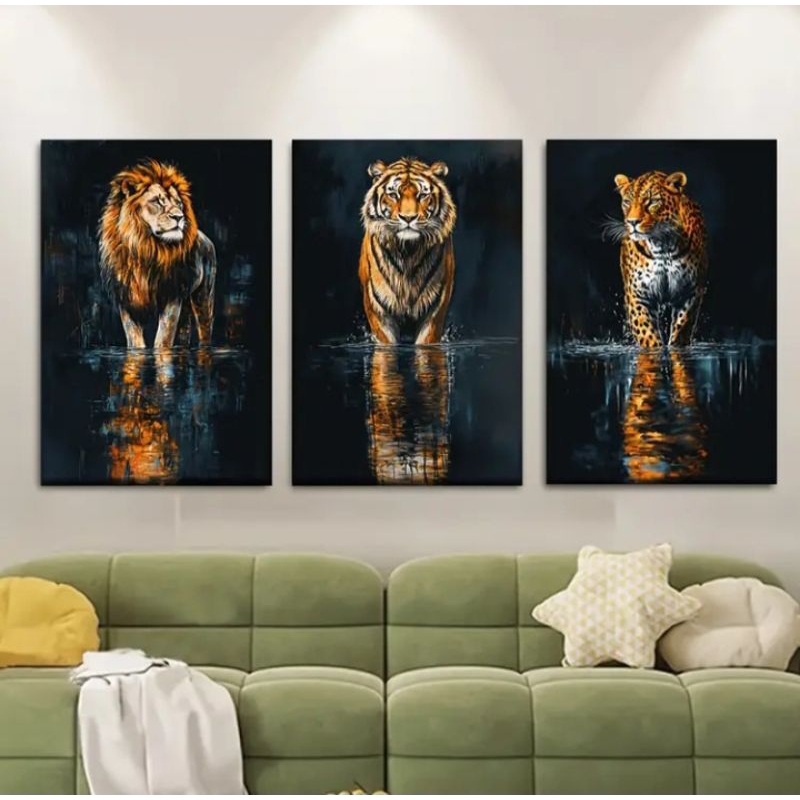 🦁 Quadro Decorativo 3 Peças Animais Selvagens – Leão, Tigre e Onça | Arte Moderna Luxuosa para Sala, Escritório ou Quart