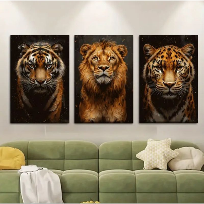 🖼️ Quadro Decorativo 3 Peças Animais Selvagens – Tigre, Leão e Onça