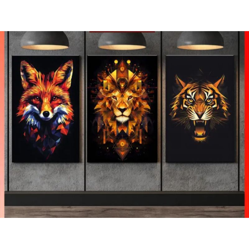 🦁 Quadro Decorativo 3 Peças Animais Selvagens – Leão, Tigre e Raposa Geométrico Moderno