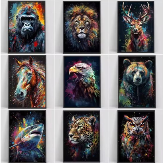 Kit 10 Quadros Decorativo Animais Selvagens Tubarão Leão Tigre Decoração
