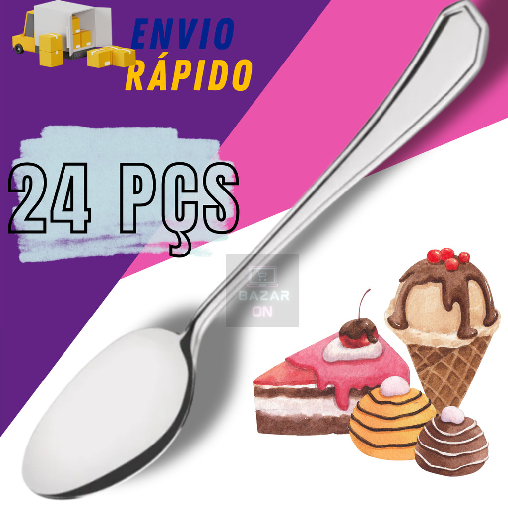 Conjunto 24 Colheres de Sobremesa Para Bolos Gelatina Doces Sorvete Kit Original Jogo em  Aço Inox