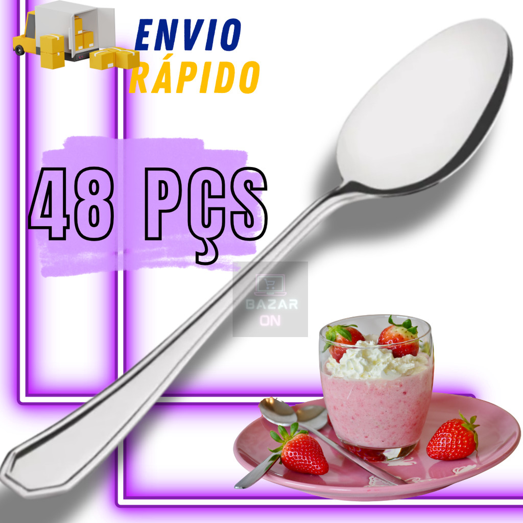 Conjunto Com 48 Colheres de Sobremesa Aço Inox Jogo Para Bolos Sorvetes Gelatina Doces Kit Completo
