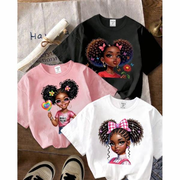 T-shirt kit 3 blusas menina afro puffs chic modinha Laço