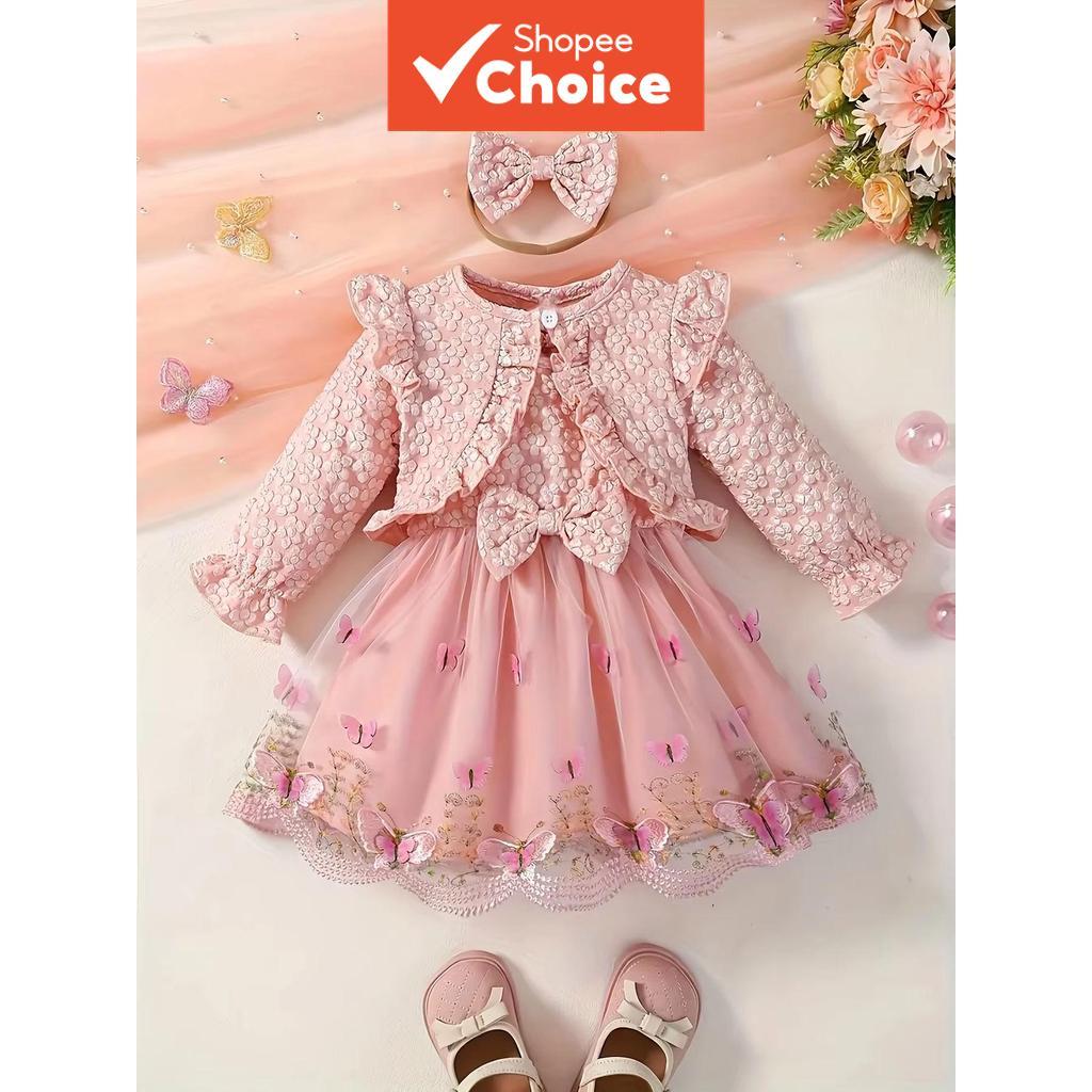 Doce Estilo Borboleta Bordado Meninas Rosa 3D Dot Jaqueta Vestido Bandana Conjunto Nova Chegada Roupa De Verão Para Bebê