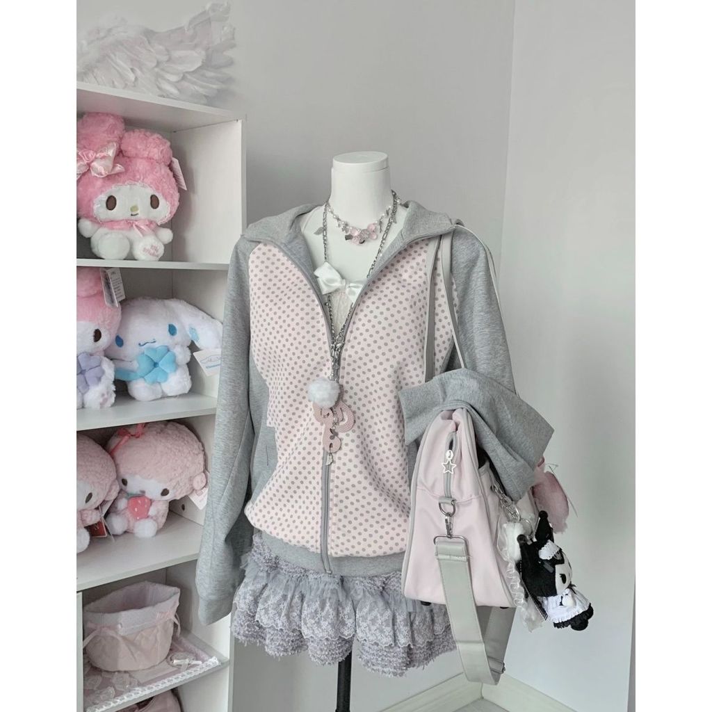 Mulheres Y2K Dot Hoodies Moda Doce Contraste Cor Casual Cardigan