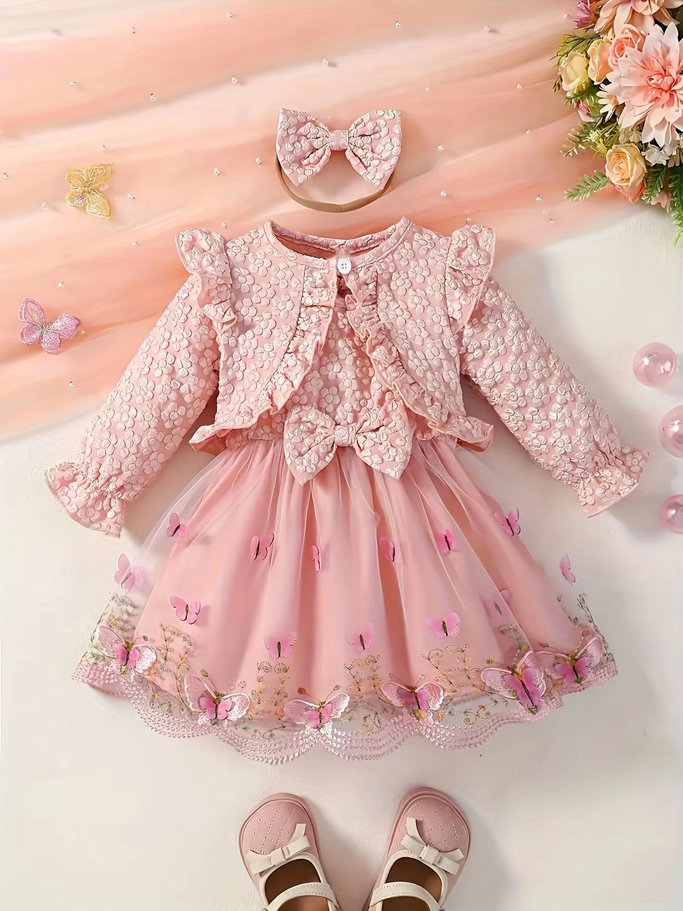 Doce Estilo Borboleta Bordado Meninas Rosa 3D Dot Jaqueta Vestido Bandana Conjunto Nova Chegada Roupa De Verão Para Bebê