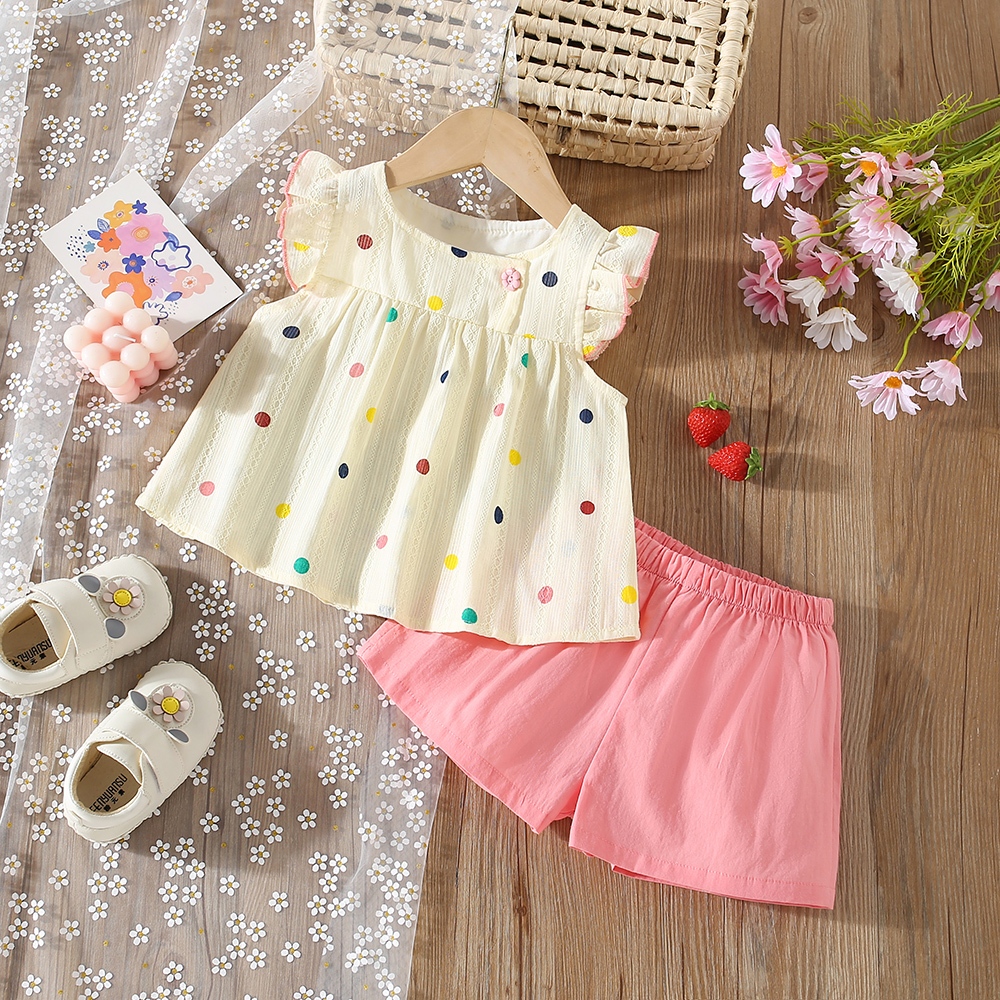 Summer New Baby Girl Sleeveless Set , Roupas Coloridas Para Crianças Polka Dot , Conjunto De Duas Peças Bebês Estilo Coreano Pink (9 Meses-3 Anos De Idade)