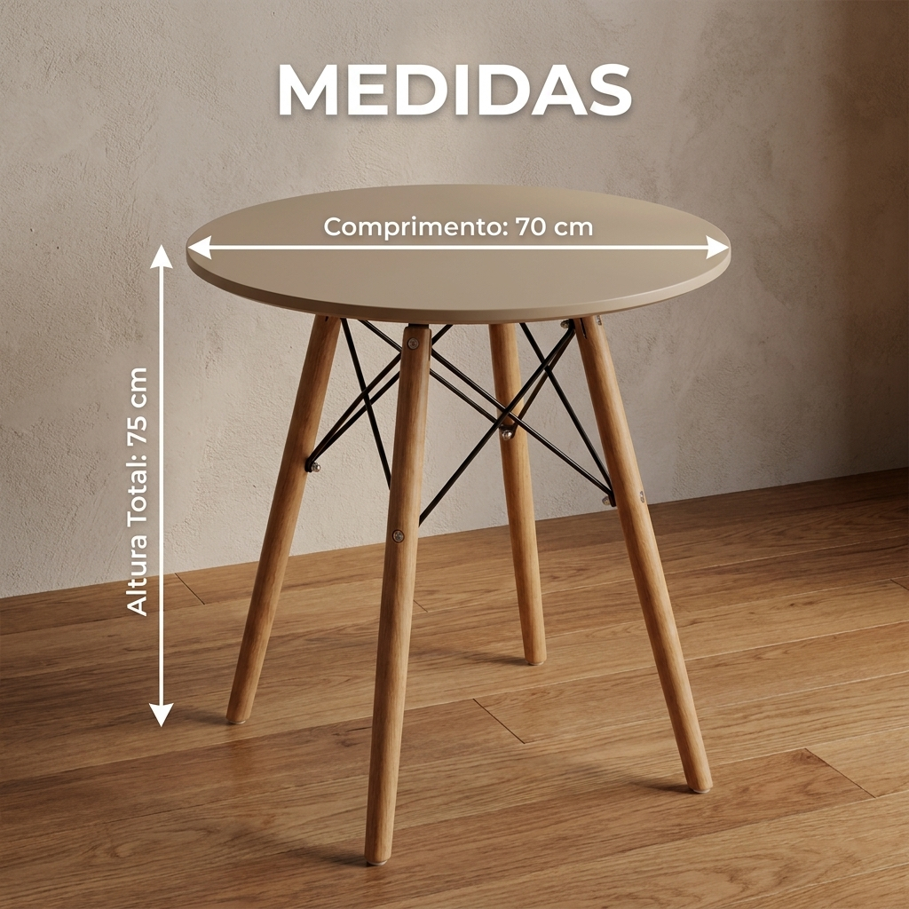 Mesa Redonda Compacta 70cm Com Pés Madeira Para Apartamento Cozinha Sala E Varanda Funcional