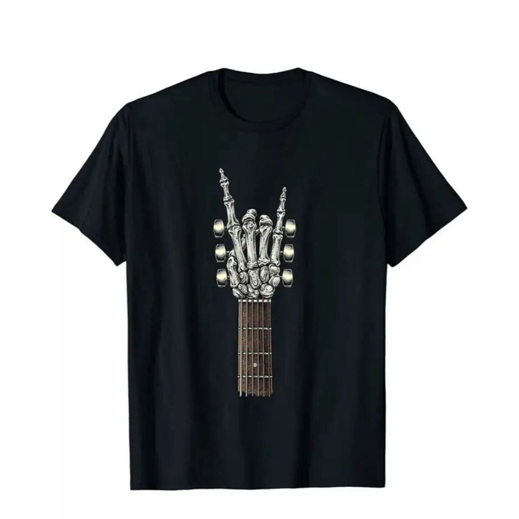 Camiseta Masculina Estampa Giutarra Mão Esqueleto Musical Rock Casual