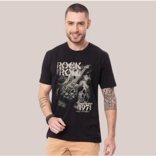 Camiseta Masculina Estampa Guitarra Rock Tecido Premium 100% Algodão